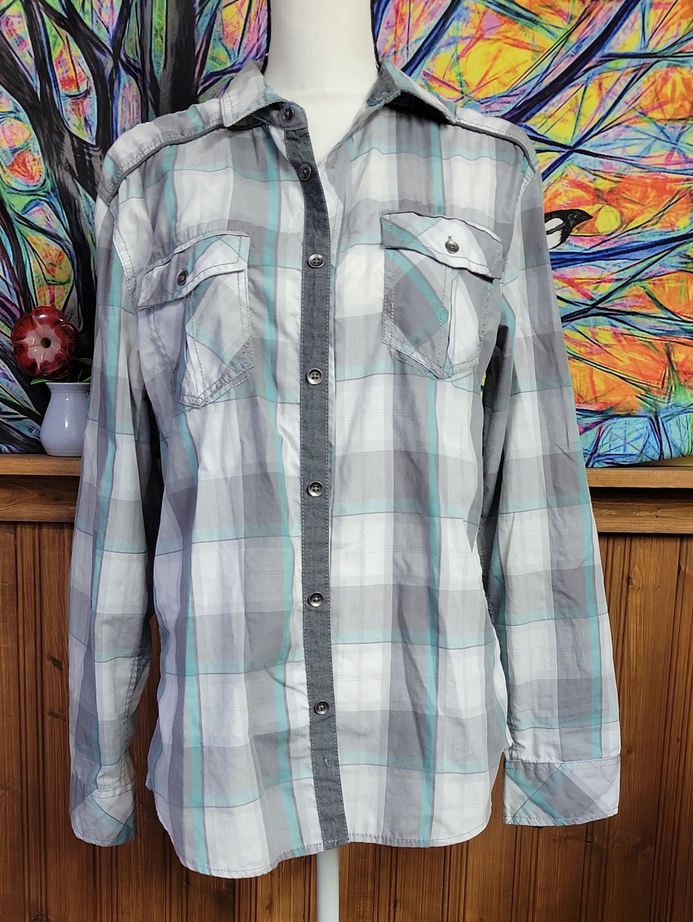 Rock And Republic Plaid Button-Up Shirt in Gray, White & Teal Men Med